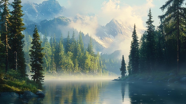 Serene Mountain Lake met ochtendnevel
