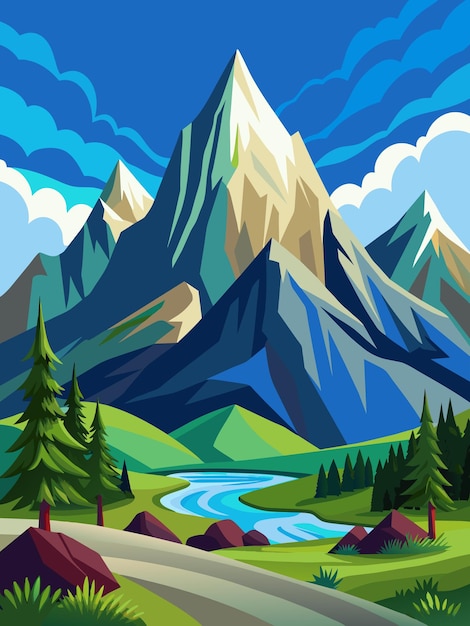 Vector a serene mountain landscape with towering peaks lush meadows and a tranquil river flowing through it