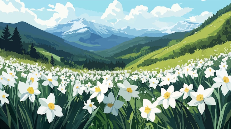 Vector serene mountain meadow blanketed in white narcissus flowers