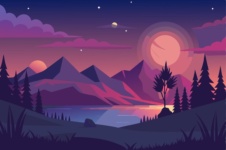 Vector serene nachtelijke landschap met bergen, meer en zonsondergang
