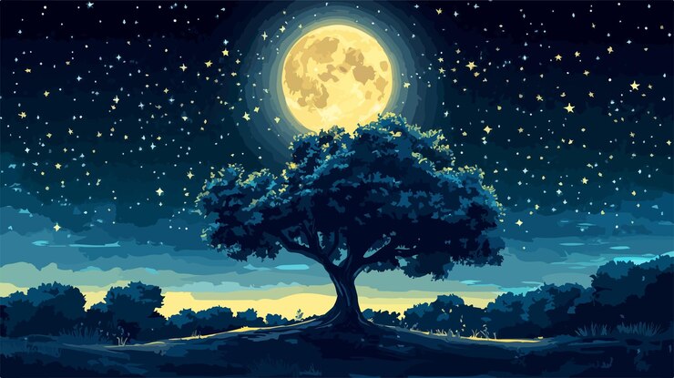 Vector serene night landscape with moon tree and stars in wide angle cartoon style