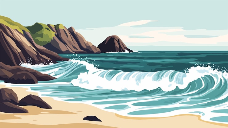 Vector serene ocean waves over rocky beach vector illustration