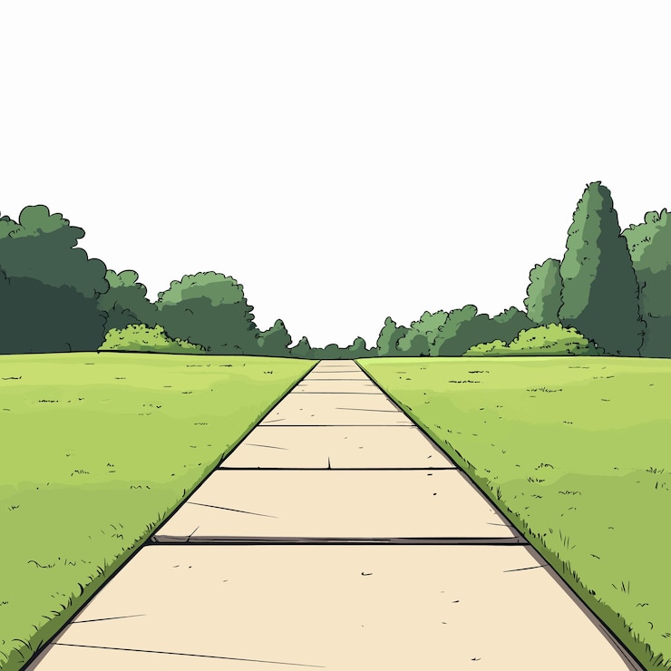 Vector serene pathway through lush green landscape