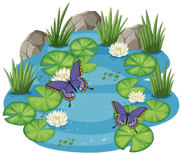 Vector serene pond with butterflies illustration