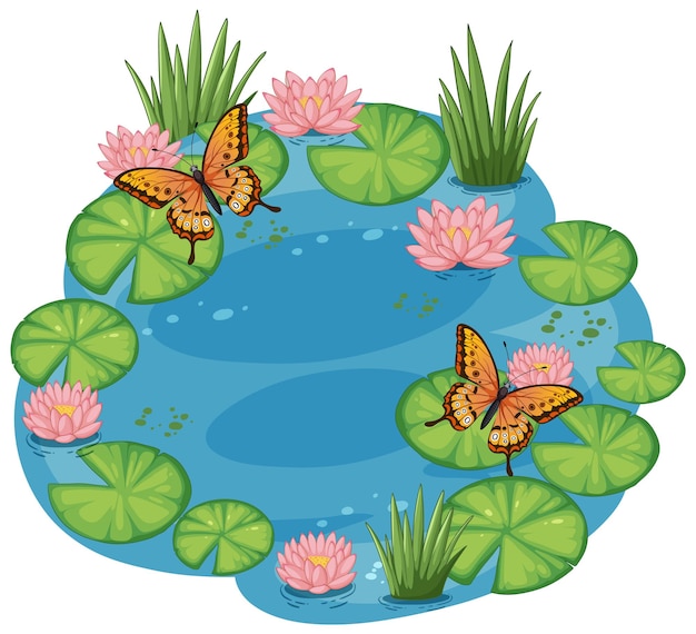 Vector serene pond with butterflies and lilies