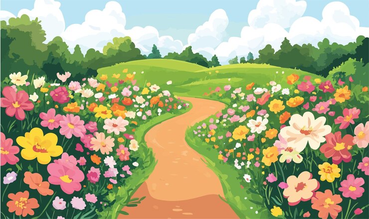 Vector serene scenic pathway through lush fields