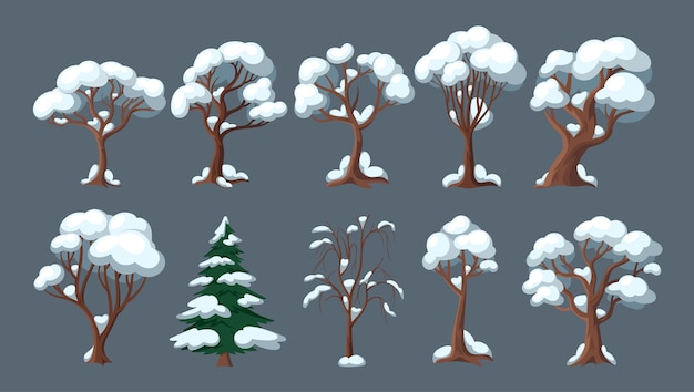 Vector serene set of snowy deciduous trees their bare branches adorned with glistening frost stand tall against the winter hush painting a picture of pure tranquil beauty cartoon vector illustration