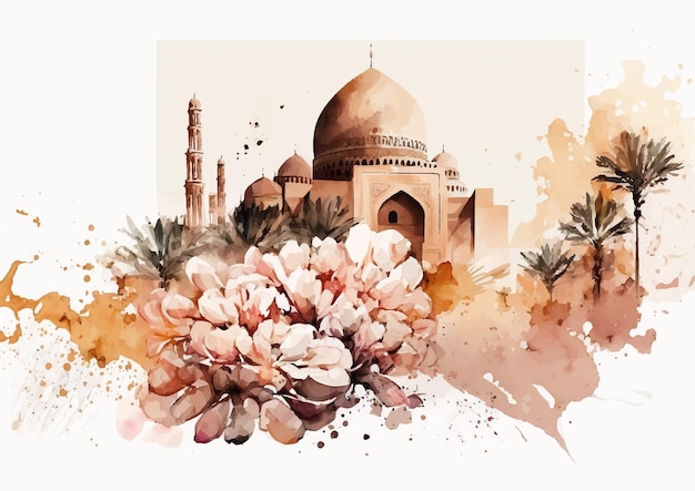이슬람 모스크의 수채화가 있는 고요한 화려함