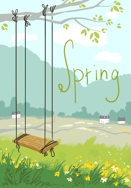 Serene spring landscape with a swing, vector illustration