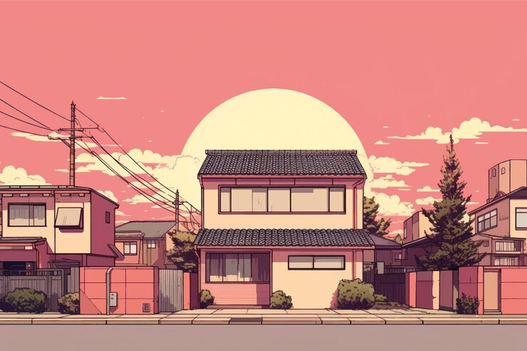 Vector serene suburban sunset illustration