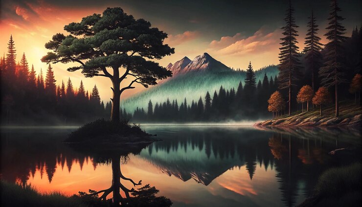Vector serene sunrise over mountain lake with majestic tree reflection