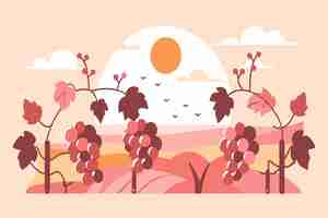 Vector a serene sunset over rolling hills with grapevines and a flock of birds