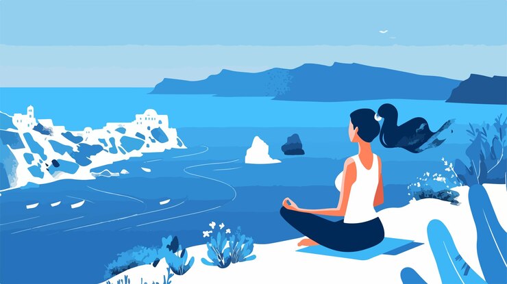 Vector serene traveler woman doing yoga on mountain top at sunrise