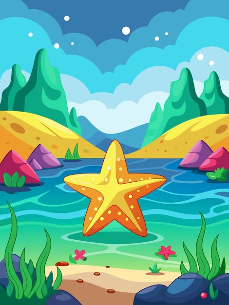 A serene underwater landscape with a starfish vector gently floating in the tranquil waters