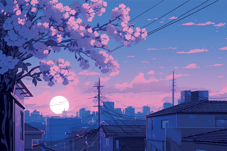Vector serene urban sunset illustration