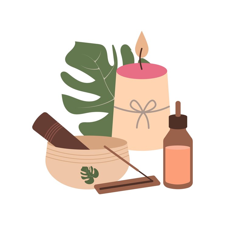 Serene vector composition of meditation toolsaroma oil bottles singing bowl candles lush