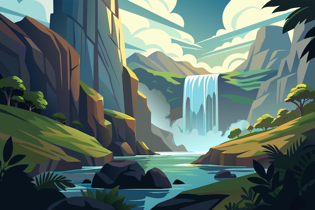 Vettore illustrazione di una cascata serena che scende in cascata su rocce muschiose