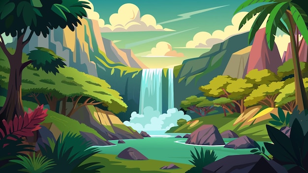 Vector serene waterfall oasis at dusk