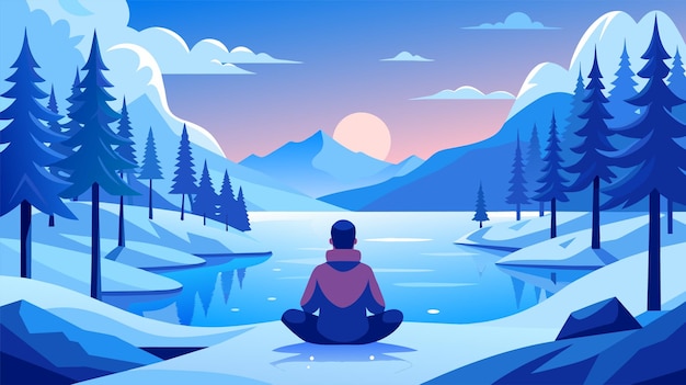 Serene winter landscape with person meditating by a mountain lake at sunrise