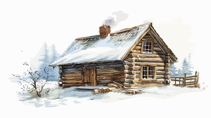 Vector serene winter landscape with snow covered cabin nature scene
