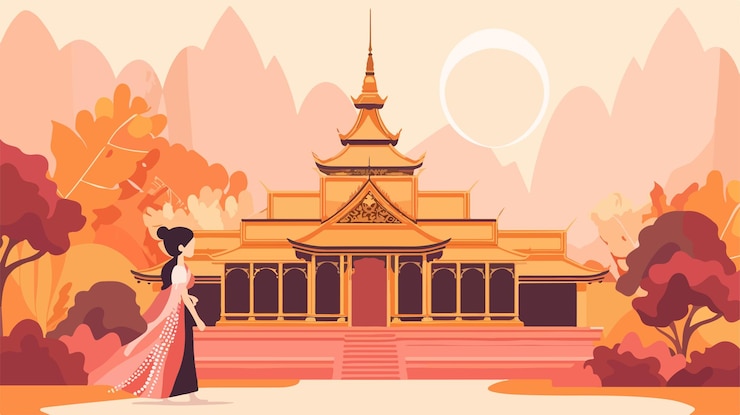 Vector serene woman at temple in nan province vector illustration
