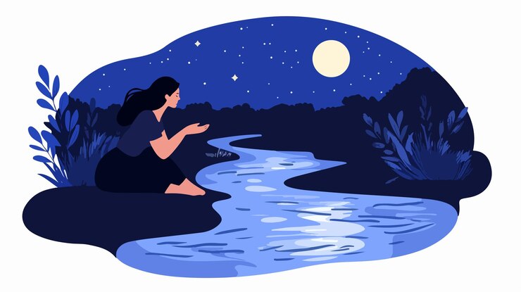 Vector serene woman touching flowing river water at night