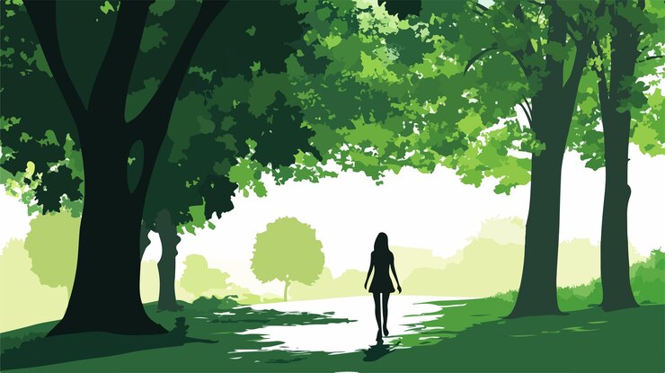 Vector serene woman walking amidst lush greenery and tall trees