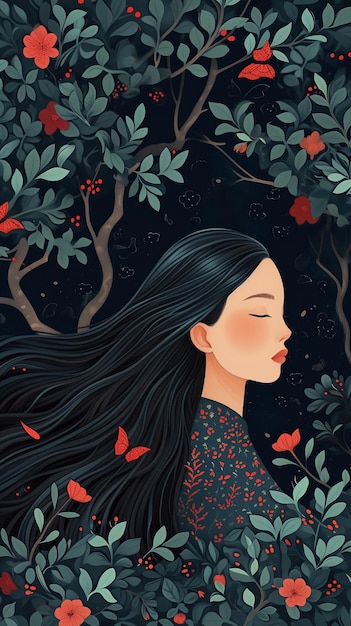 Vector serene woman with long flowing hair