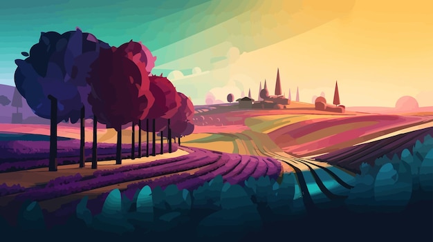 Vector serenity at dusk dark azure and violet graphic designinspired landscape with vineyard and trees