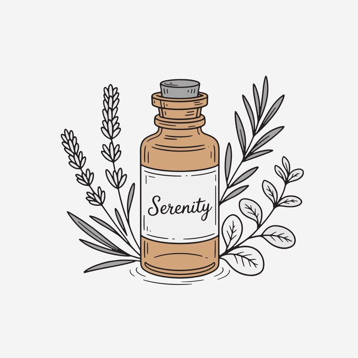 Vector serenity essential oil bottle with lavender and herbs