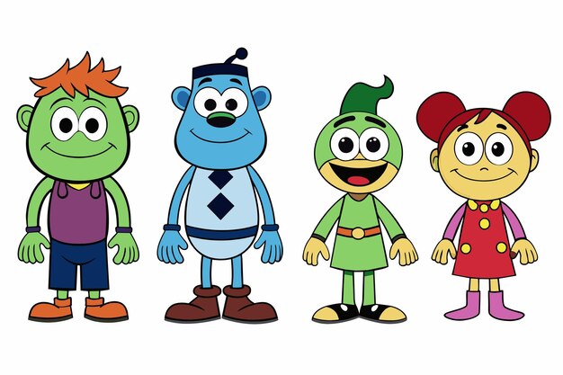 a series of animated characters including a character with a green alien on the front