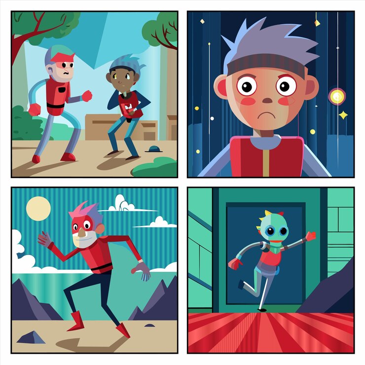 Vector a series of animated images including a cartoon character and a monster