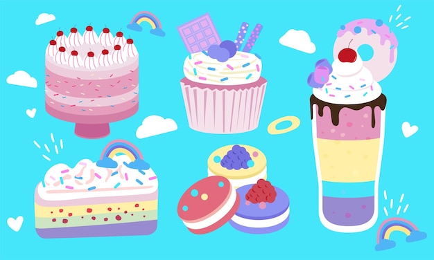 Vector a series of colorful rainbow dessert illustration vector in flat design style