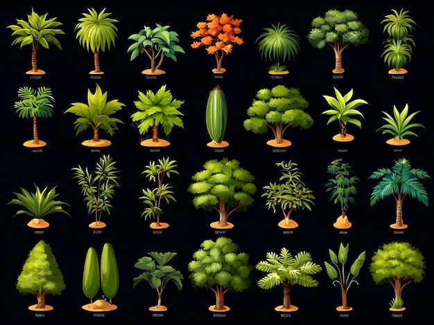 Vector a series of different plants with different colors and shapes