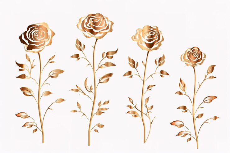 Vector a series of drawings of roses with gold leaves