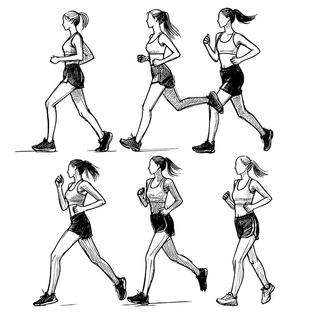 A series of drawings of women running