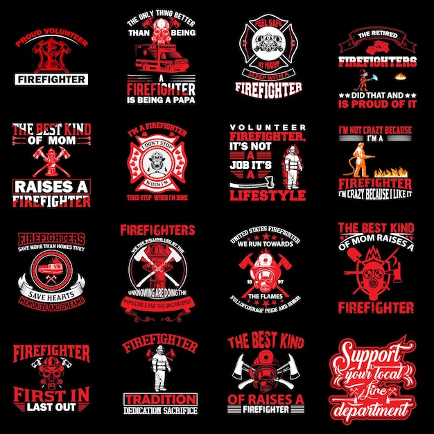A series of firefighter shirts with the words 