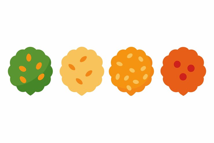 Vector a series of fruits with oranges and green leaves