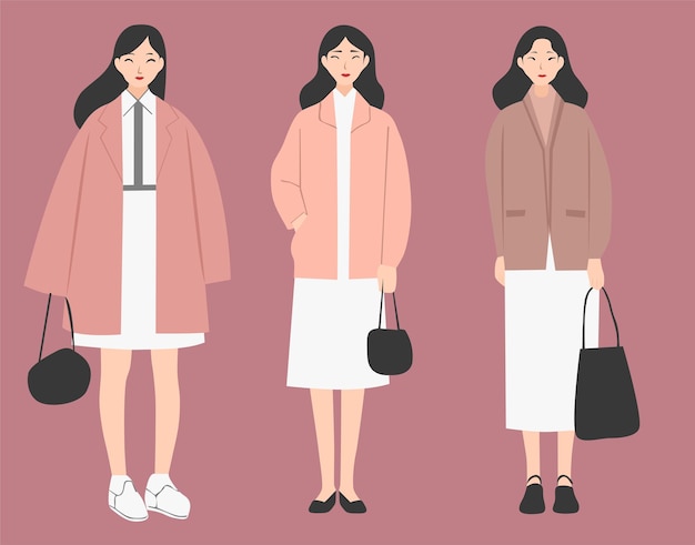 一系列穿著不同服裝的女性插圖