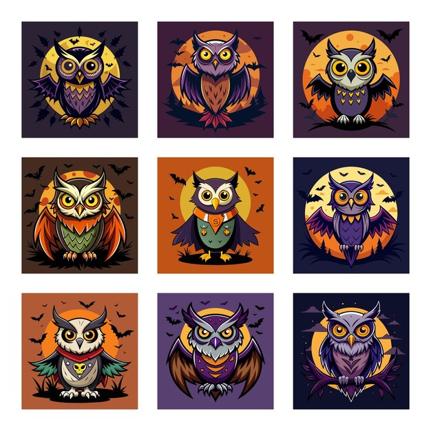 a series of images of owls with a black background