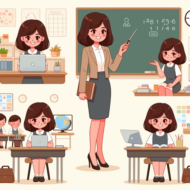 Vector a series of images of a teacher and her teacher in a classroom