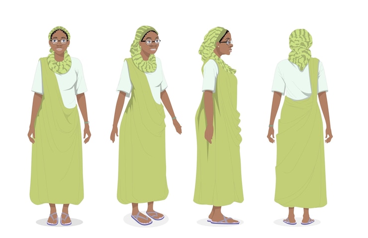 Vector a series of images of a woman in a green dress with a green scarf hijab