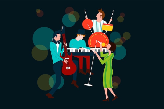 Serie di composizioni di concerti musicali con uomini e donne che cantano e suonano chitarra elettrica piano e tamburo illustrazione vettoriale colorata isolata su sfondo blu