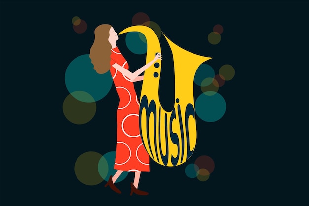 야간 조명에서 색소폰을 연주하는 여성과 음악 콘서트 구성 시리즈 파란색 배경에 격리된 다채로운 벡터 그림