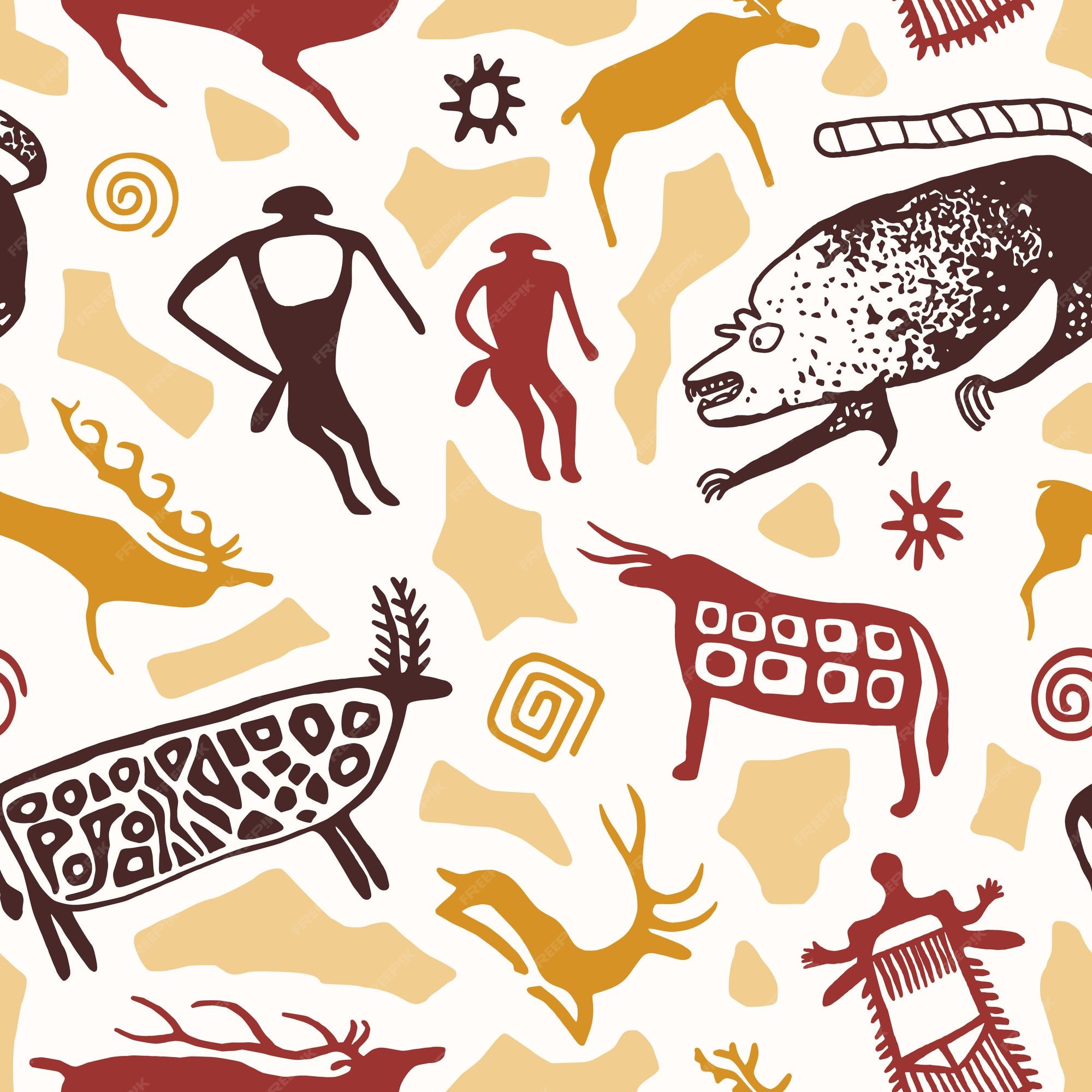 Premium Vector  A series of petroglyphs cave drawings seamless pattern