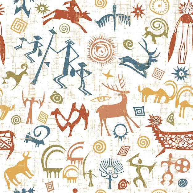 Vector a series of petroglyphs cave drawings seamless pattern