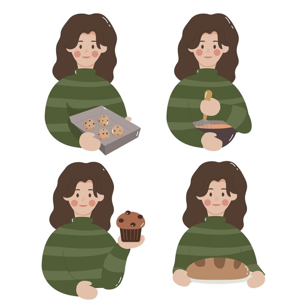 A series of pictures of a woman with a tray of cookies and a cupcake