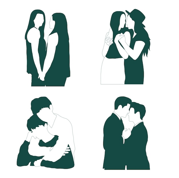 A series of silhouettes of people kissing and one of them is labeled'love '