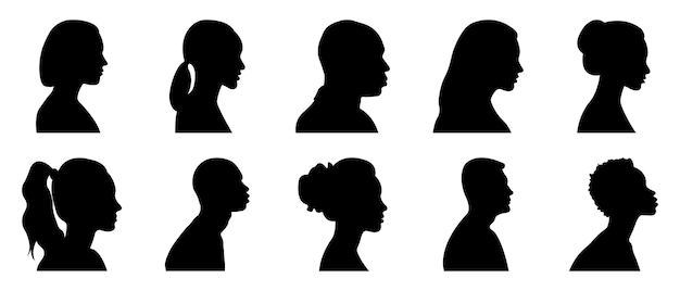 a series of silhouettes of people with different faces including one being bald.