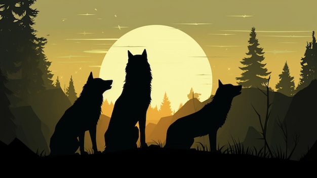 Vector a series of silhouettes of wolves in a forest at sunset